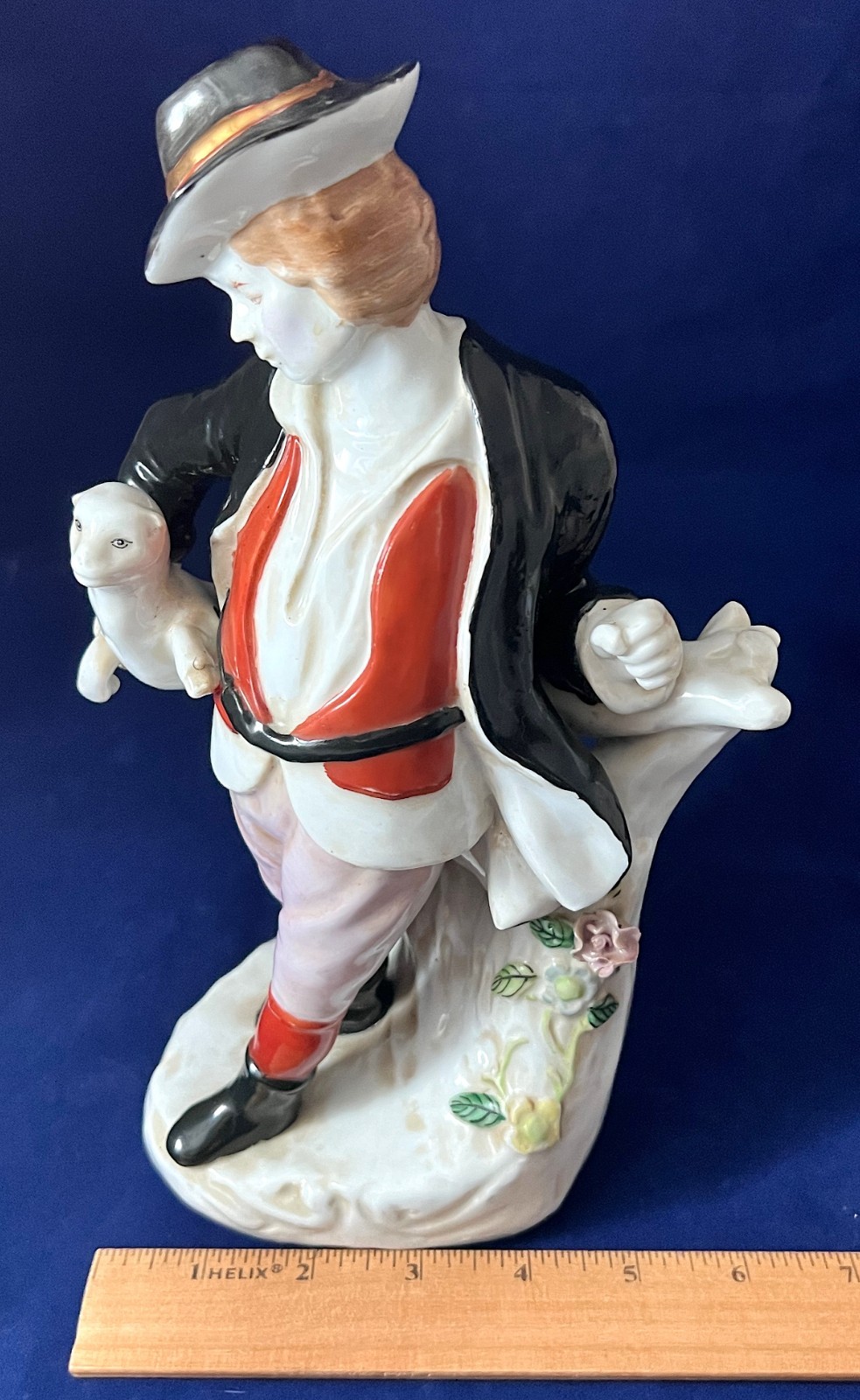Figurine Enamel Porcelain Boy & Dog, 10.5” Tall, Vintage Early-Mid 20th Century