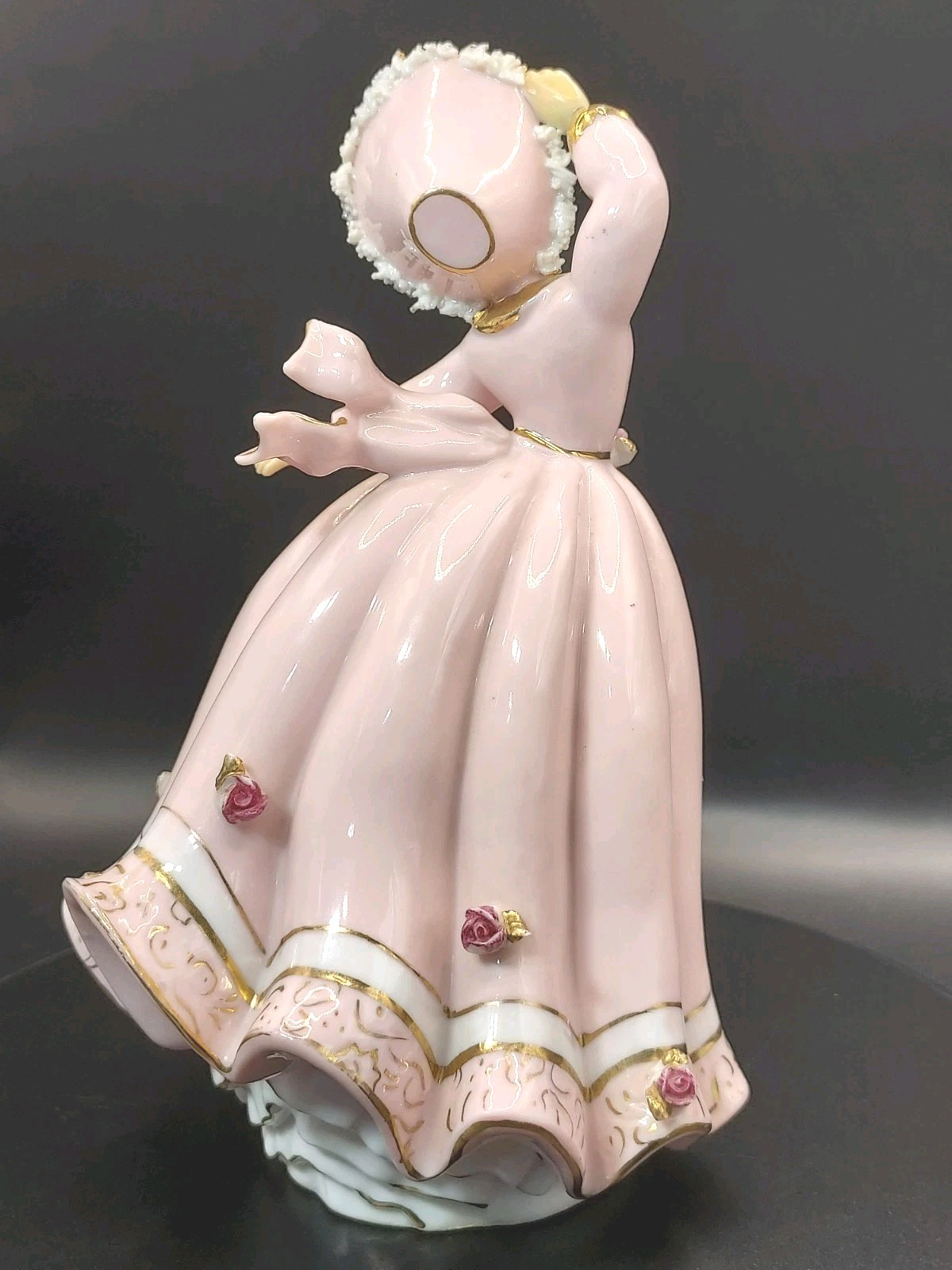 Vintage Lefton Windblown Girl Figurine Pink Dress Gold Trim 1955 KW386 Japan