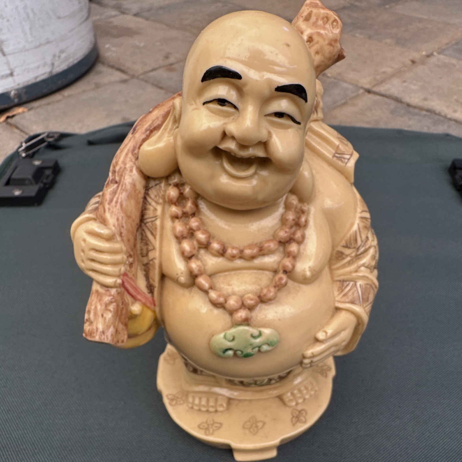 Ceramic Laughing Buddha Figurine, Glossy Finish, Beige Brown Green, Unboxed