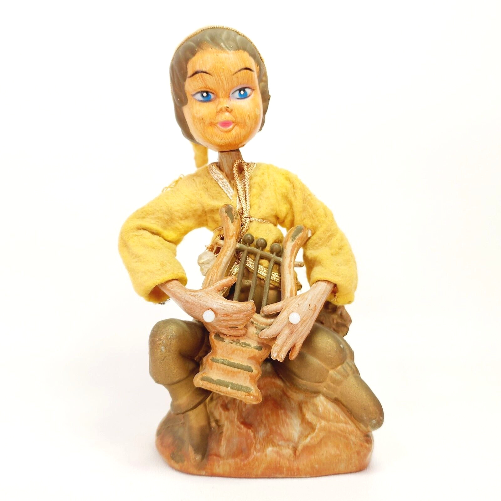 Vintage Golden Fantasy Pixie Elf Playing Lyre 7.5″ Plastic Figure