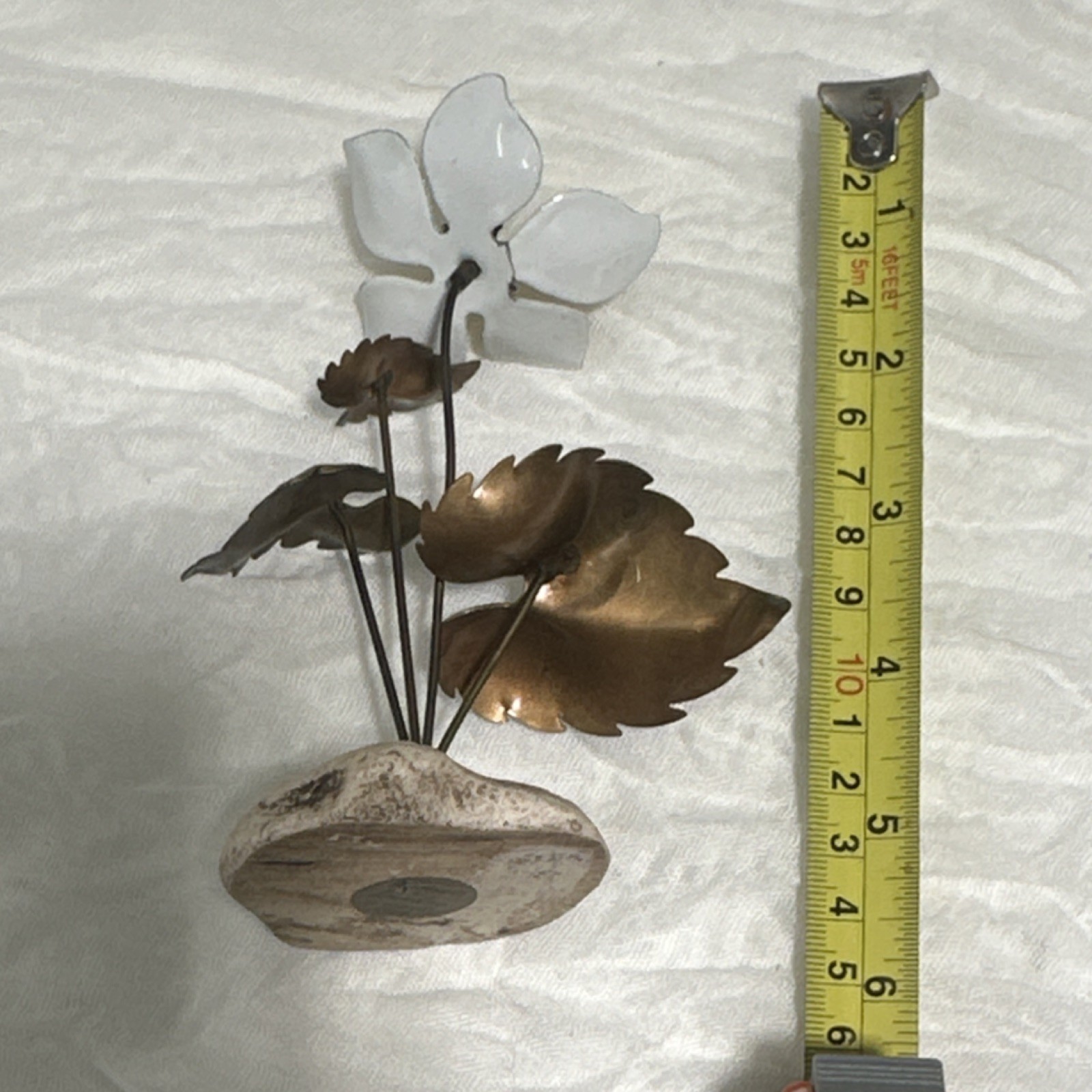 Bovano Handcrafted Metal Enamel Flower Figurine Yellow White Bronze Glossy