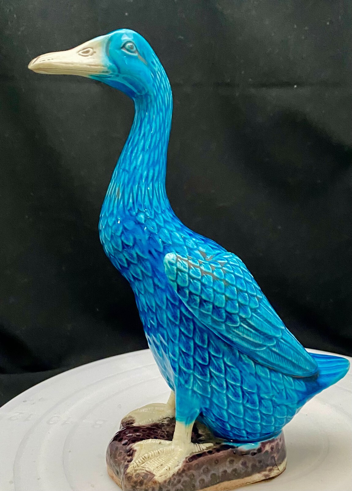 VTG PORCELAIN TURQUOISE BLUE DUCK GOOSE GLAZED MEDIUM/BIG FIGURE 8.7″ c1900 vg