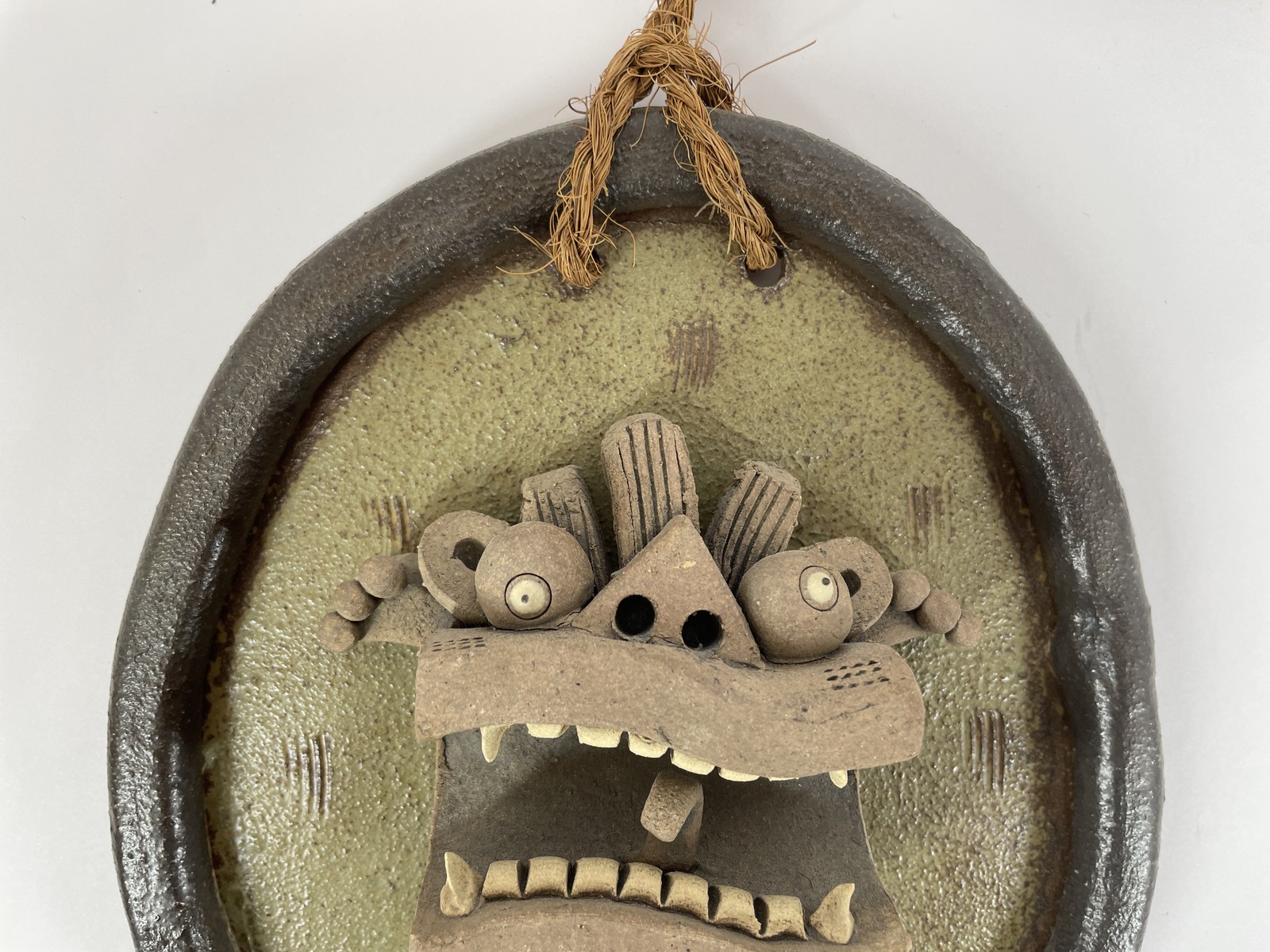 Handmade Clay Pottery Wall Hanging Art Sculpture Monster Face Figure Signed