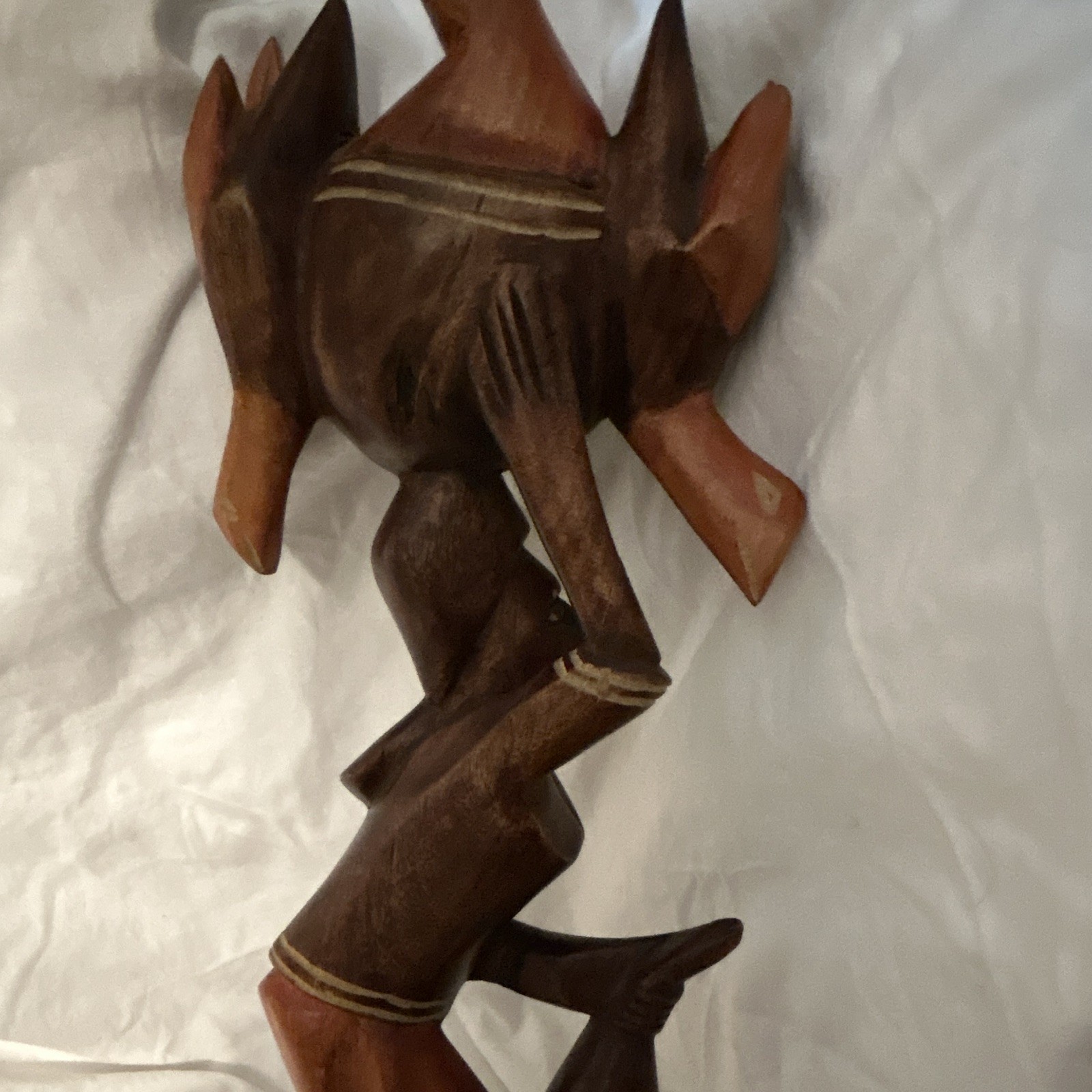 Hand Carved Painted Wood Woman Figurine Carrying Bowl on Head Brown Red