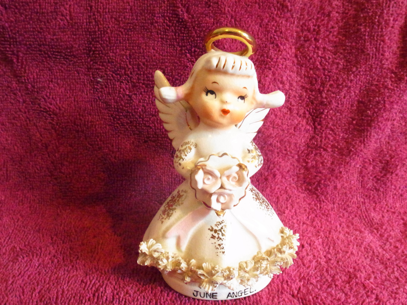 Vintage Lefton June Pink Flowers Birthday Spaghetti Angel AR1987 Orig Label-EXC