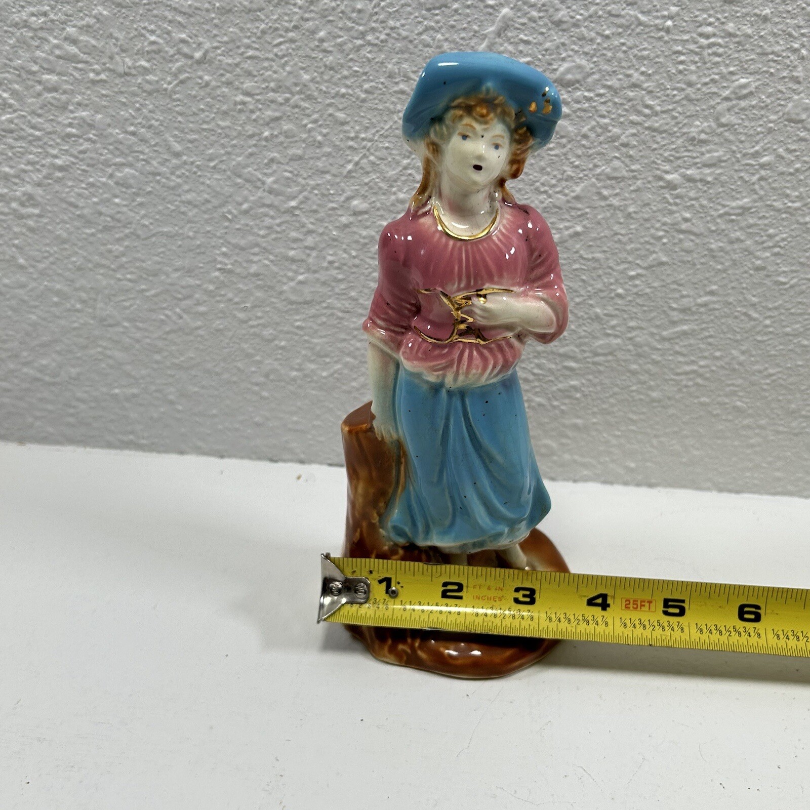 Porcelain Pink And Blue Dressed Lady Figurine with Gold Trim Vintage