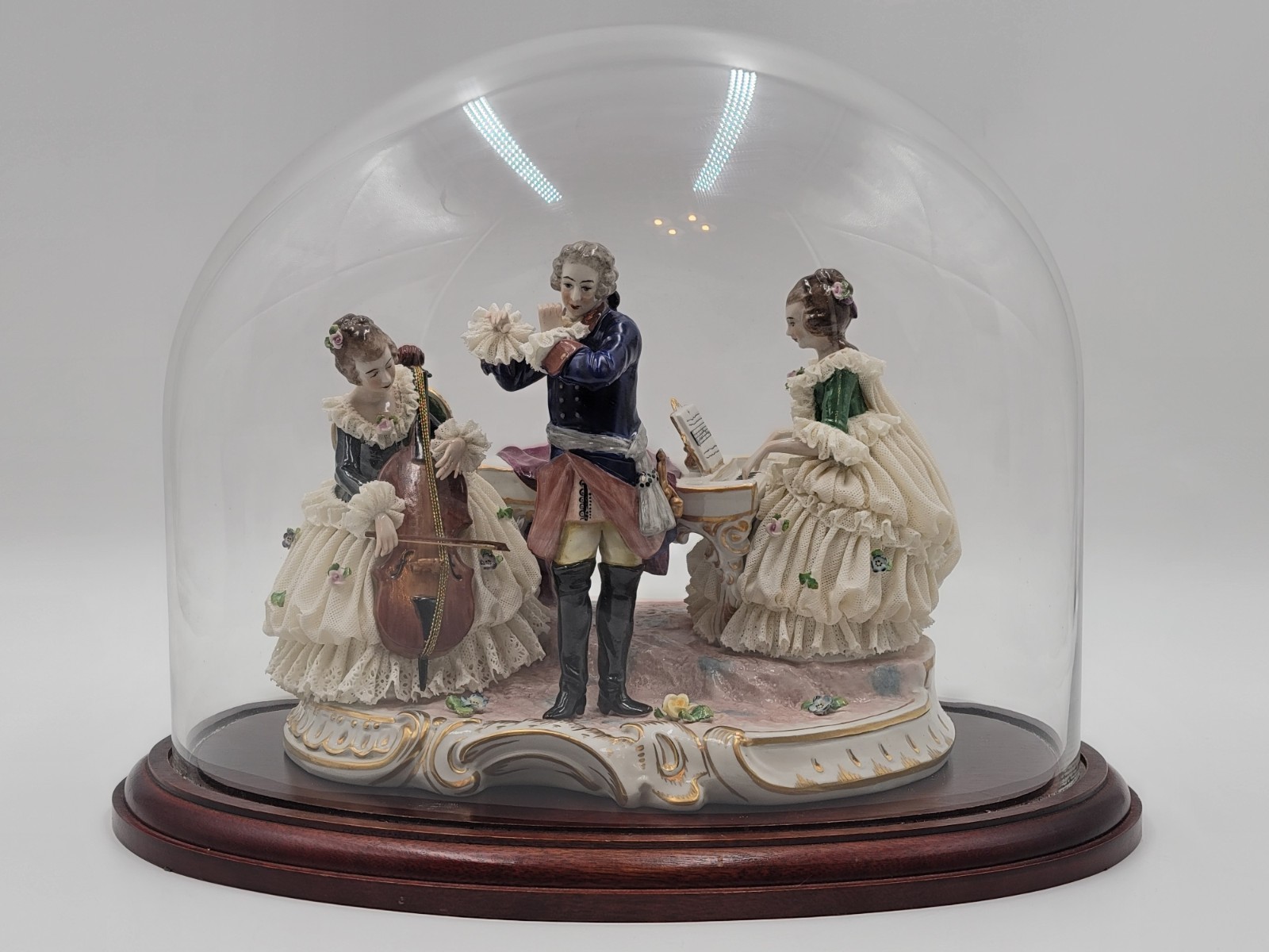 Antique 19th C Victorian Dersden Germany Laced Figurine Music Trio In Glass Dome