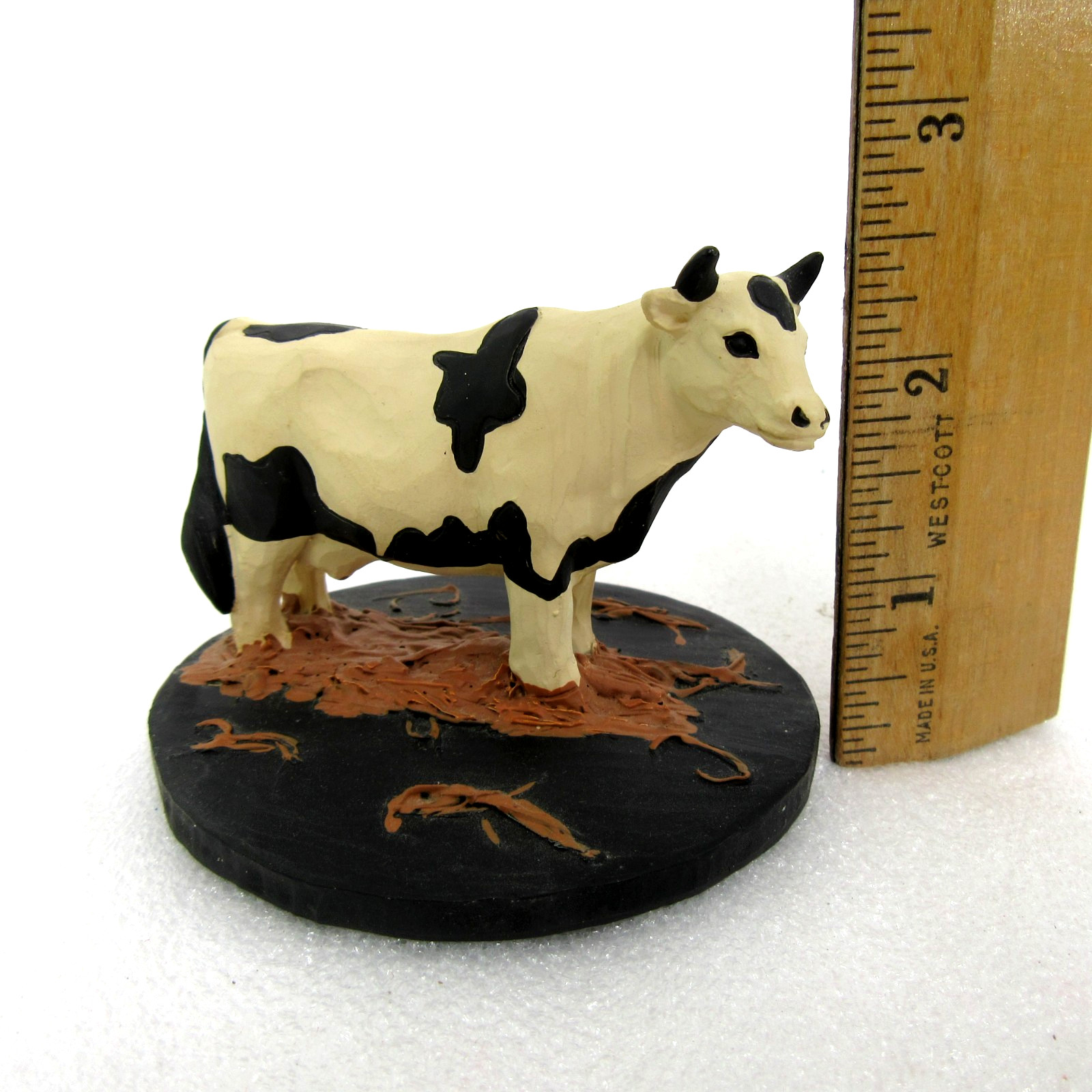 vtg Blossom Bucket artist signed Cindy Lowry cow figurine 3″ black white