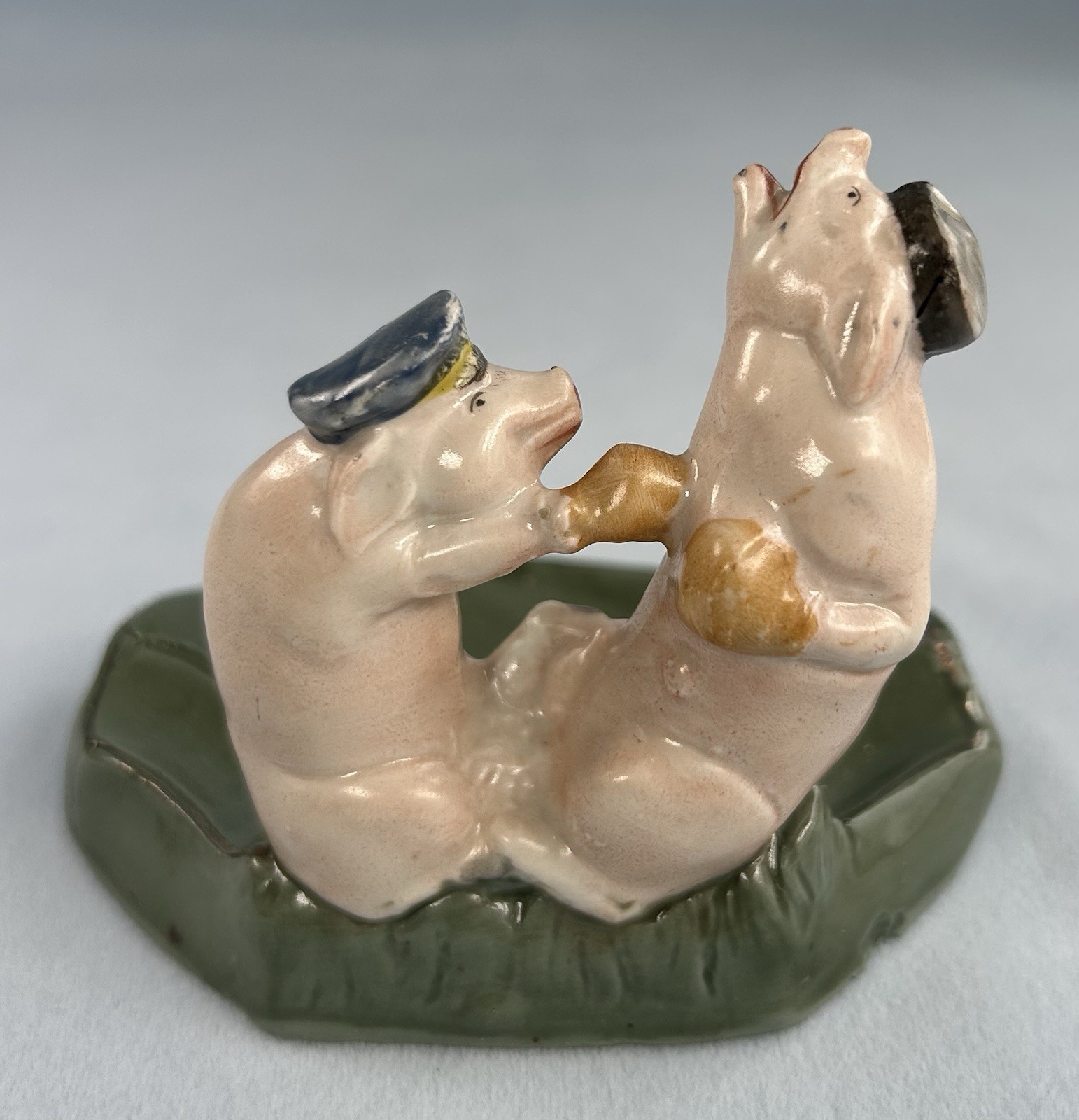 Antique Porcelain German Pigs Boxing Fairing Pin Tray RARE