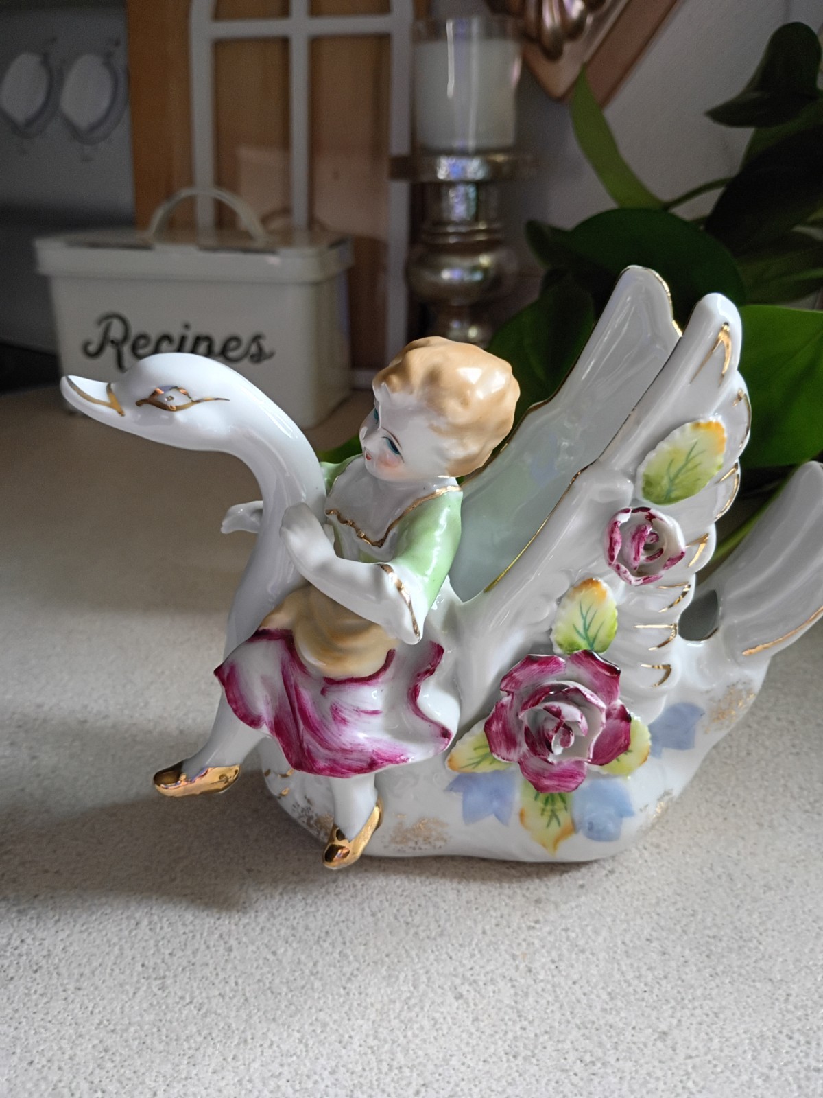 Lefton Porcelain Swan and Cherub Girl Vintage Figurine