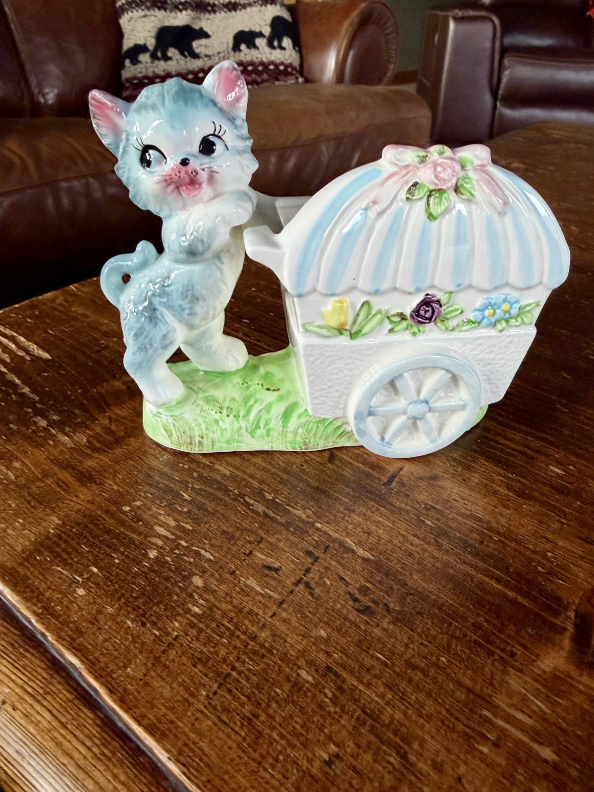 Vintage 40s/50s Ceramic RIES Anthropomorphic Kitty w/ Flower Cart Planter Baby