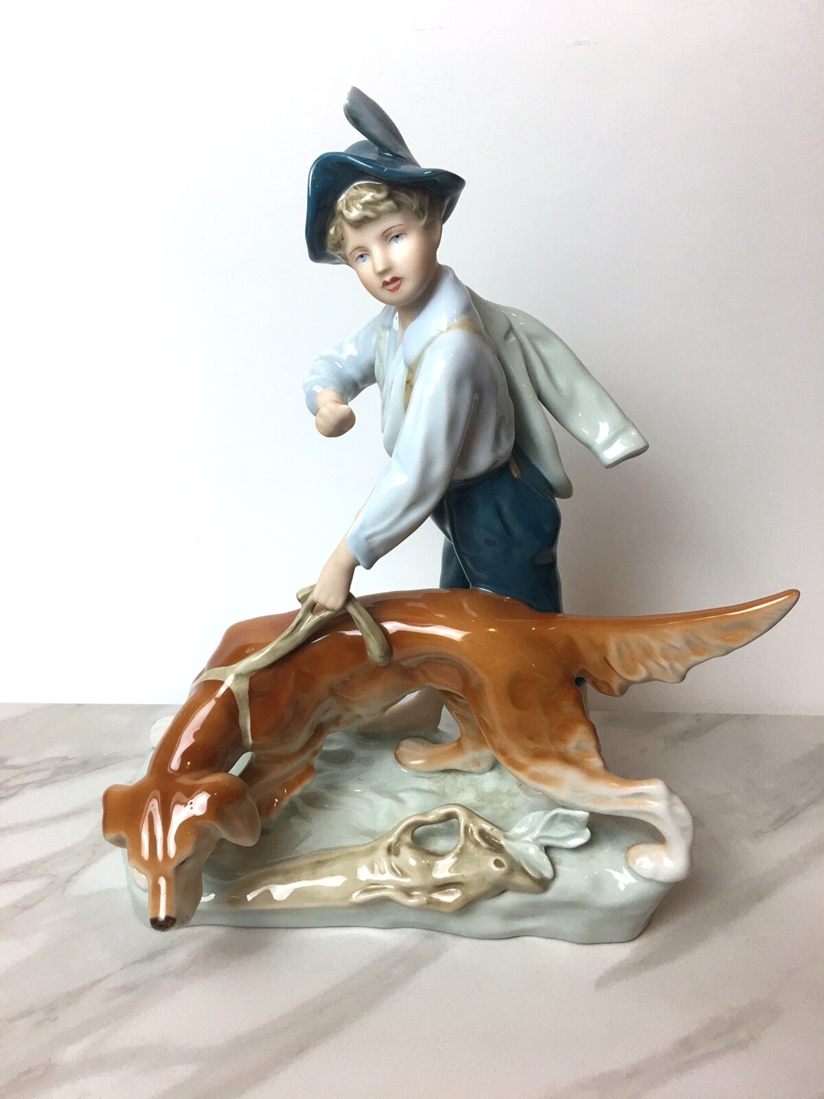 RARE Large Royal Dux Boy with Hound Golden Retriever Czech Republic Hand Painted