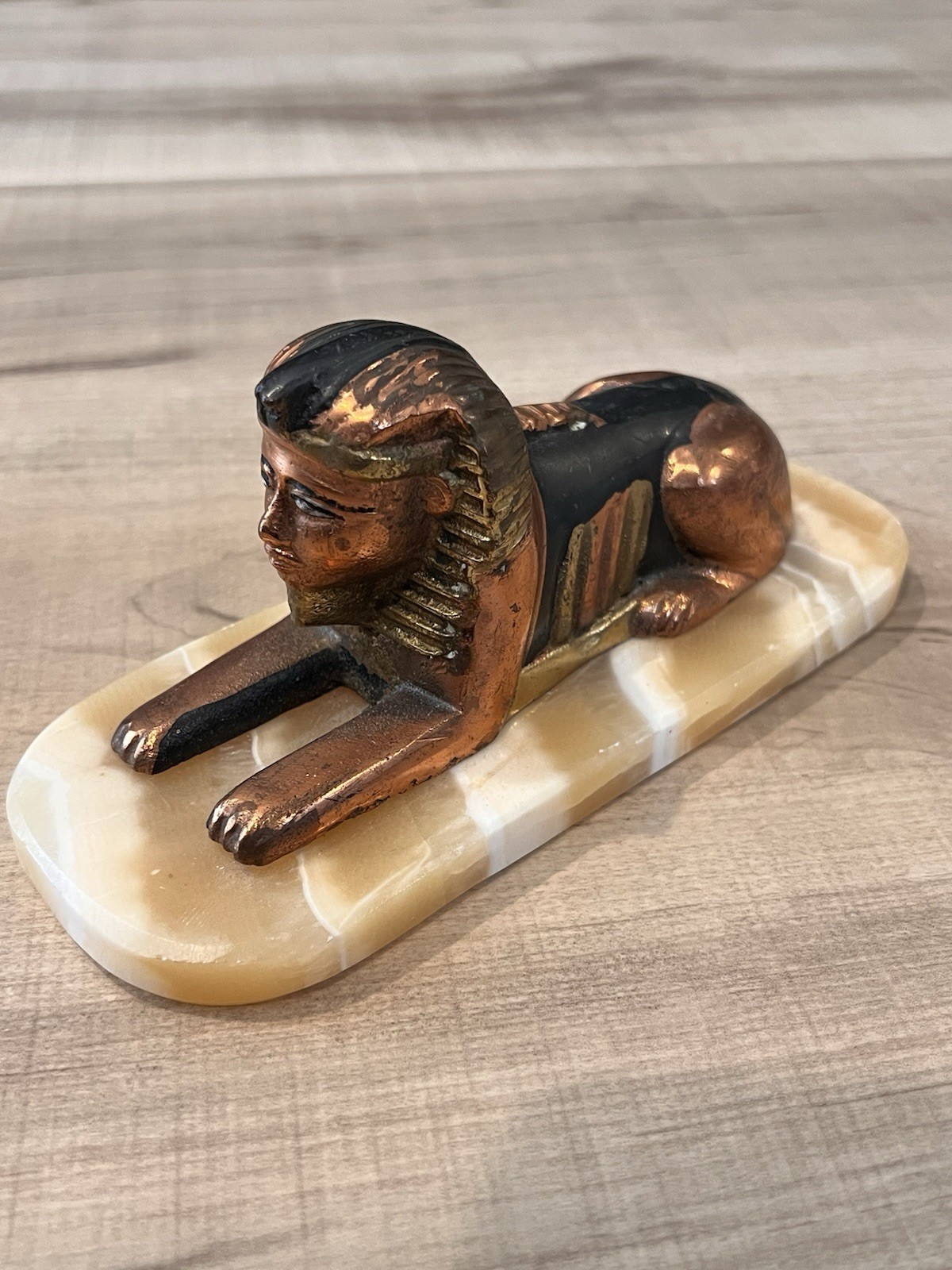 Mid Century Modern MCM Egyptian Sphinx Figurine Agate Base Pharo Faux Bronze