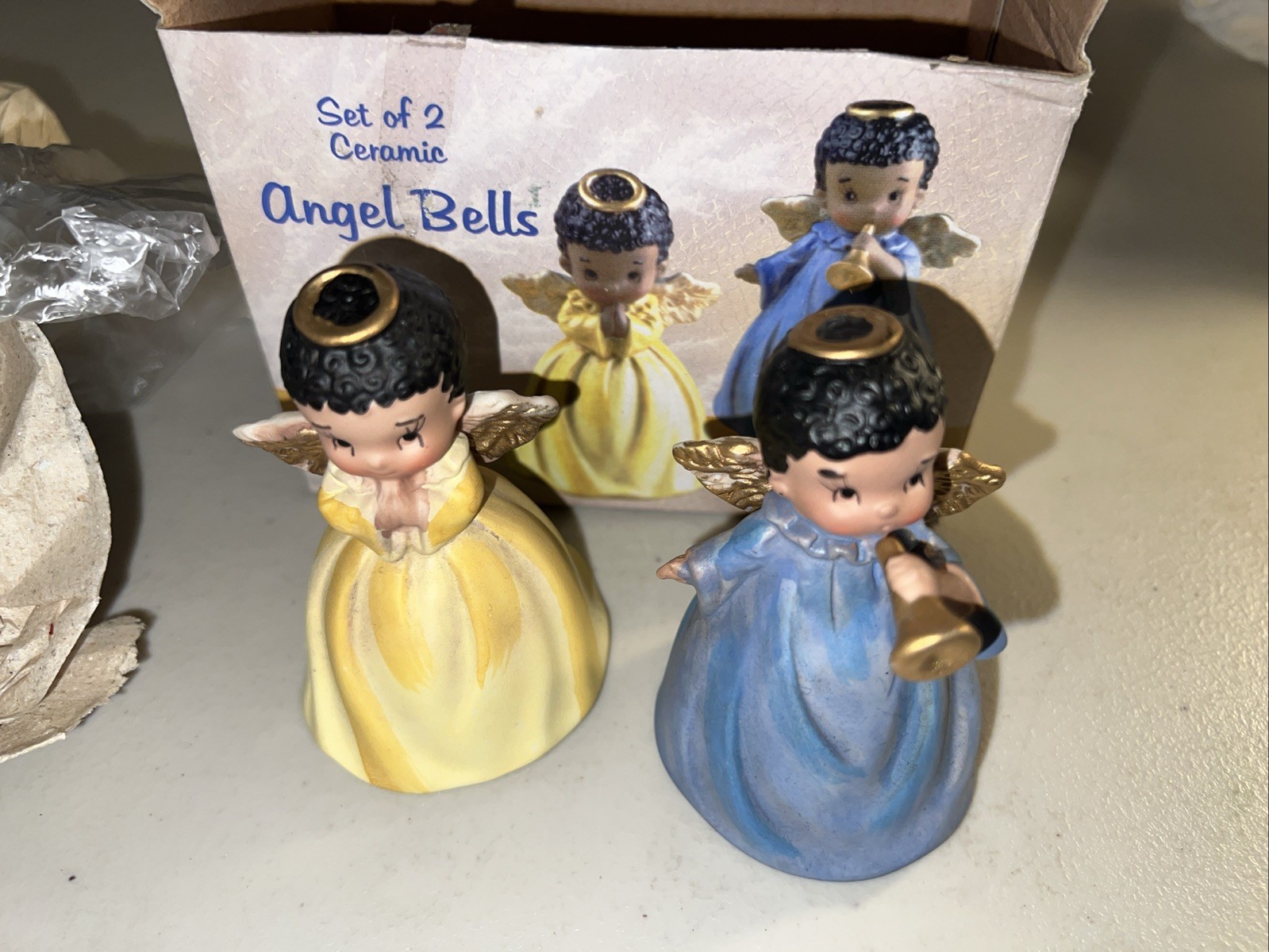 Vintage Set of 2 Giftco Inc African American Angel Bells Figurines Ceramic 3.5”