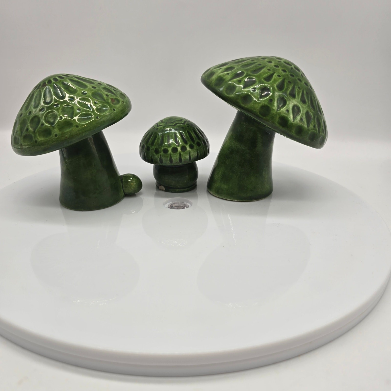 Vintage Ceramic Mushroom Figurine Set of 3 Mid Century Cottagecore Home 1973 MCM