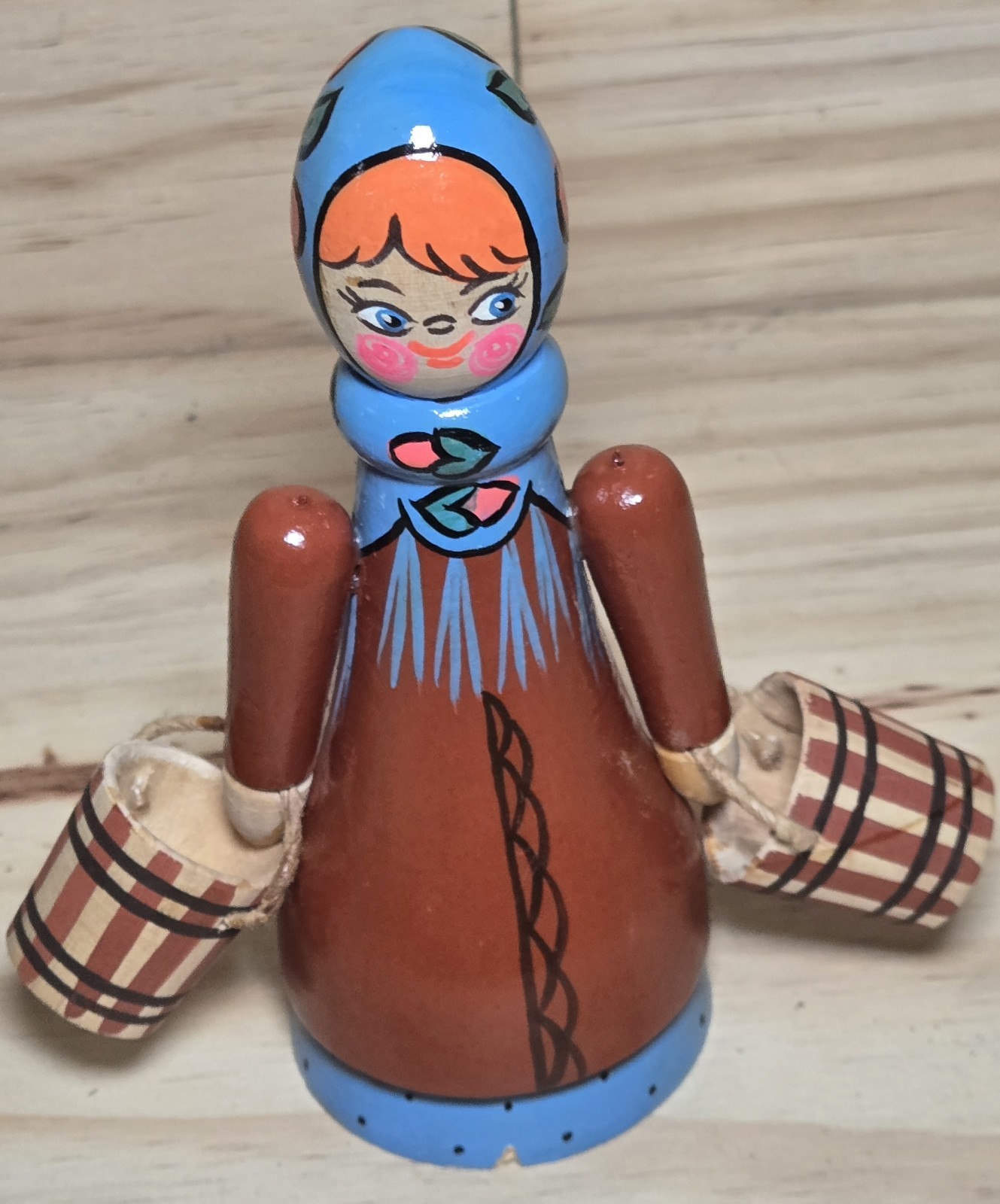 Vintage Hand Painted Wooden Folk Art Woman Figure Buckets Russian Style Doll