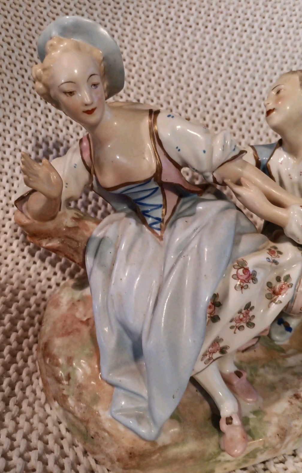 Antique Royal Crown Derby Rococo Scene Man Courting Woman Porcelain Figurine