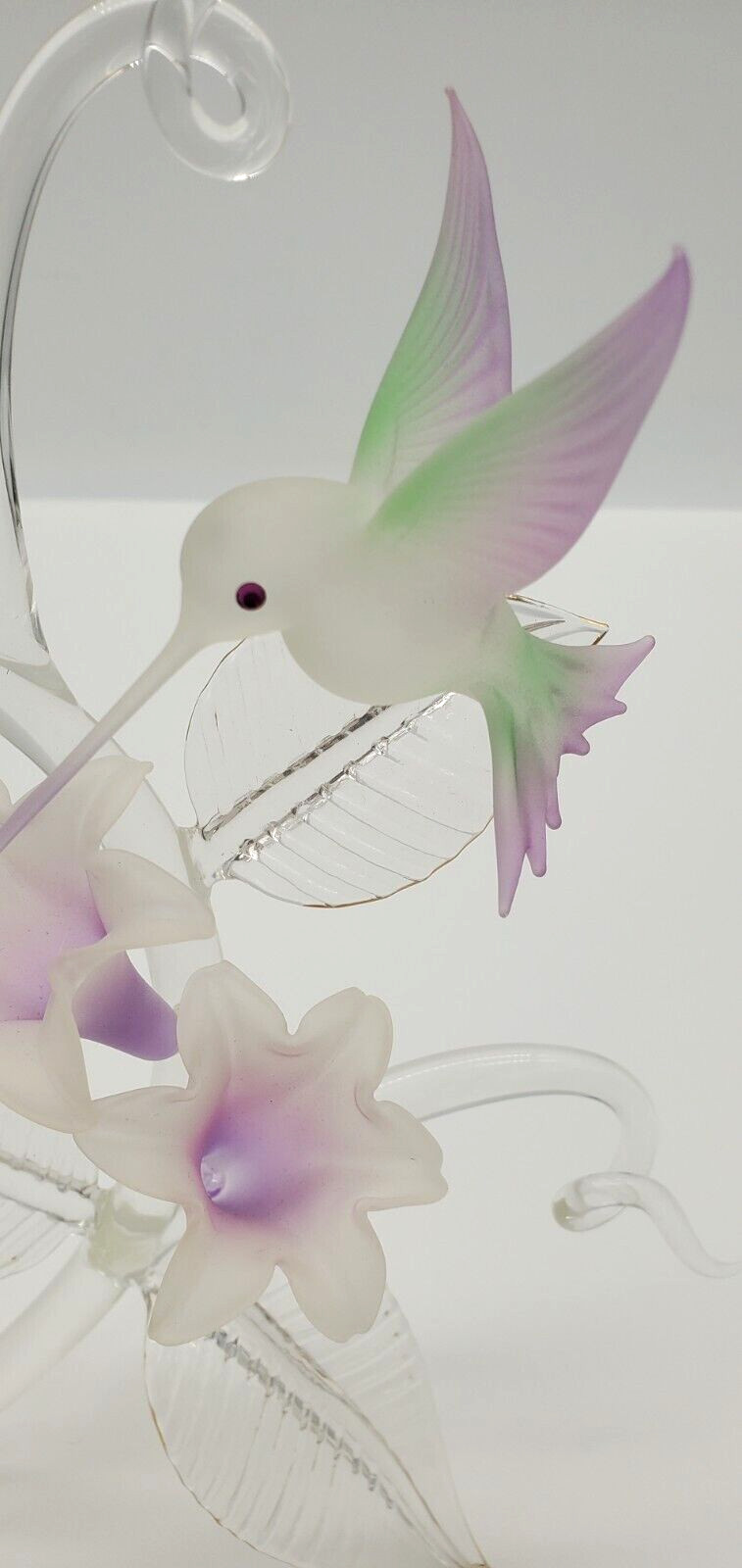 Hand Blown Glass Hummingbird Figurine Gilded Leaf Tips 11″ Tall Frosted Bird