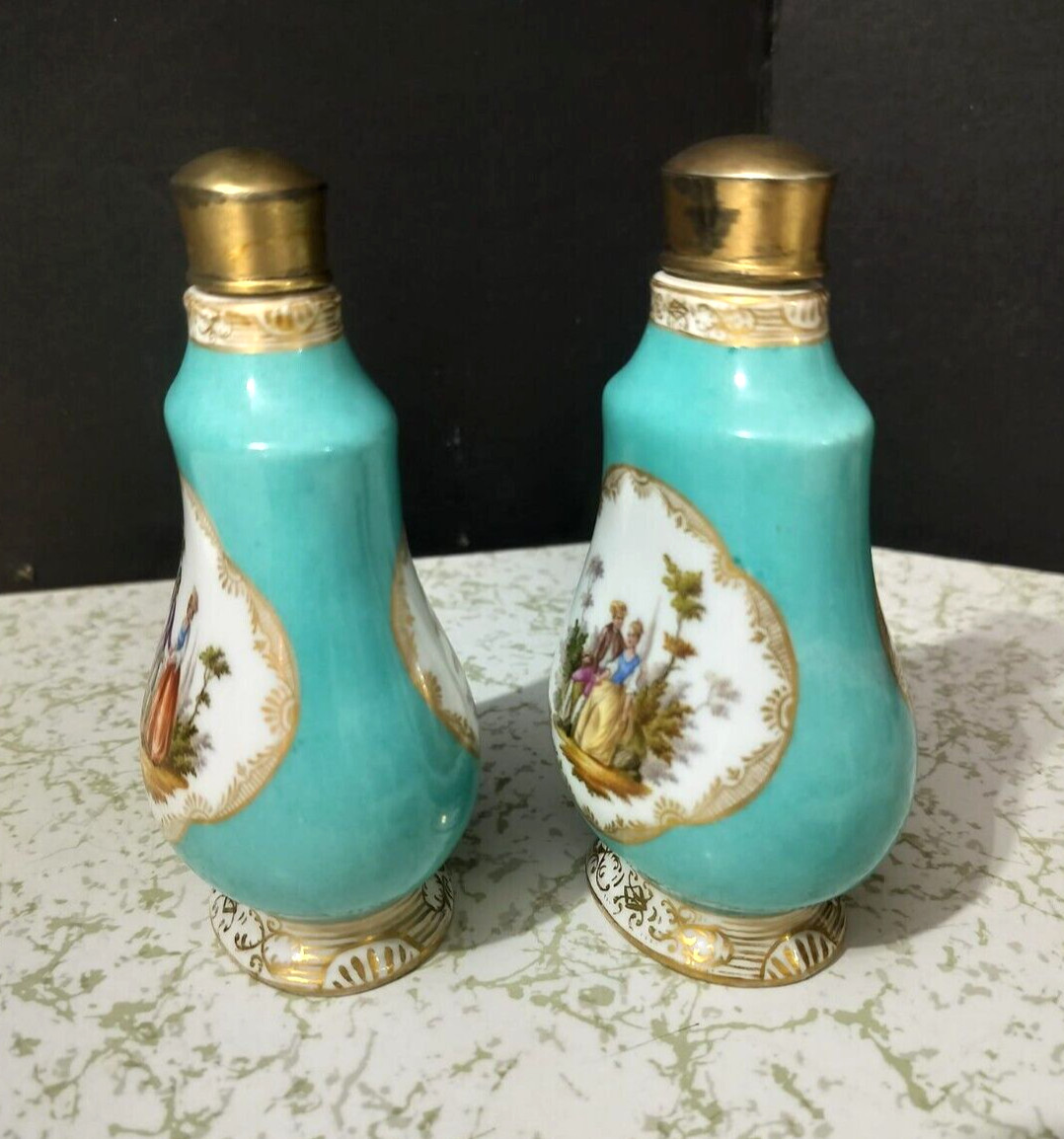 Antique Meissen Porcelain Perfumers Couple, 5″ x 3″.