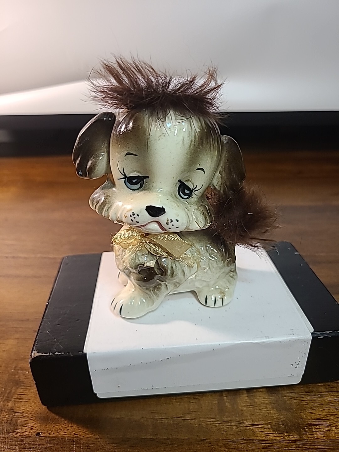 Vintage Anthropomorphic Puppy Dog Sad Face Porcelain Figurine Fur Japan READ