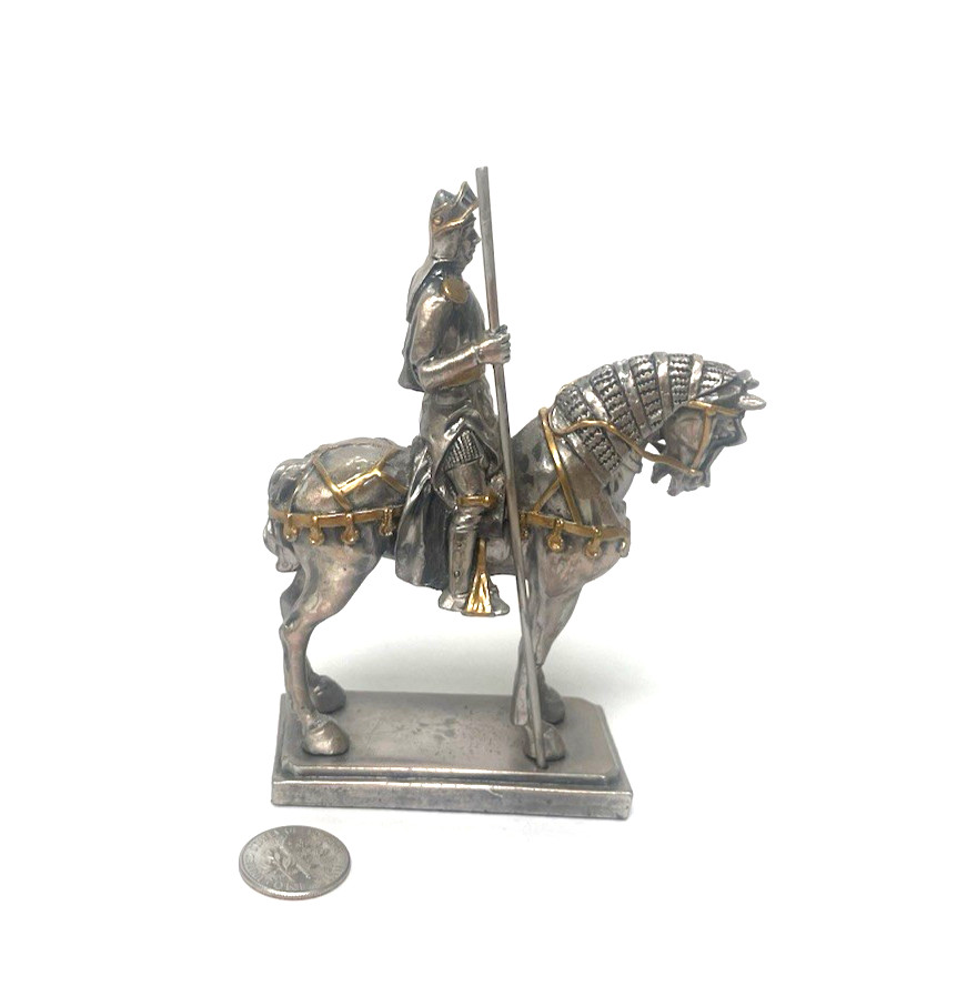 MINIATURE PEWTER MEDIEVAL KNIGHT ON HORSEBACK WITH GOLD-TONED ACCENTS