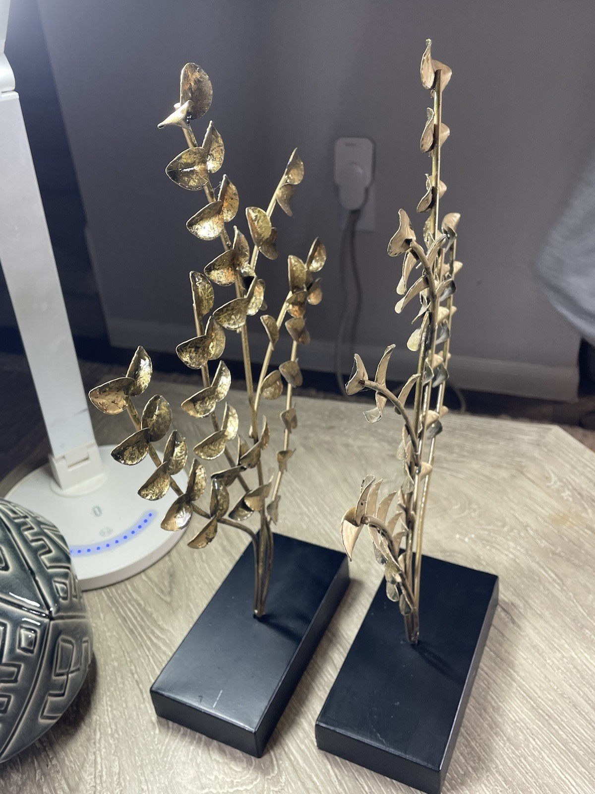 Pair of Gold Metal Leaf Sculptures Freestanding Modern on Black Base
