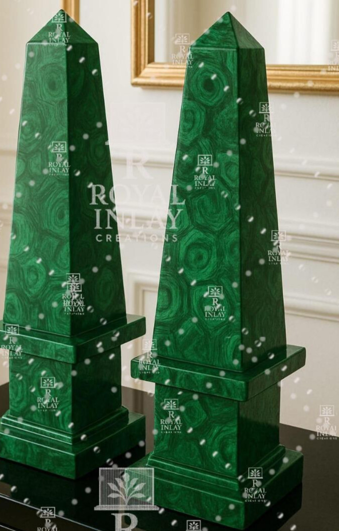 Malechite Obelisks (Pair) | Hand-Carved Crystal Sculptures |Luxury Natural