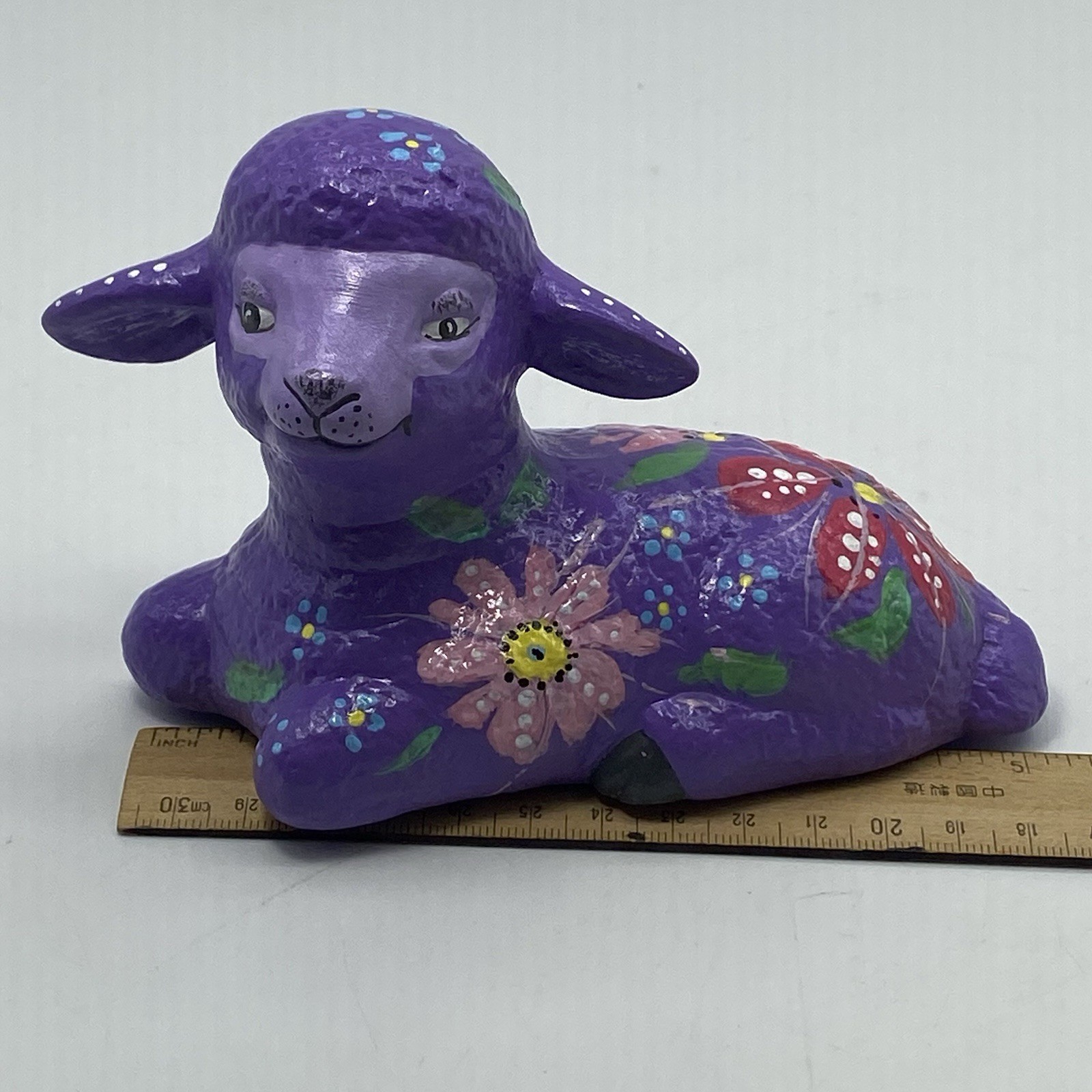 Folk Art Hand Painted Lamb Ceramic Anthropomorphic Figurine Shelf Sitter 5”