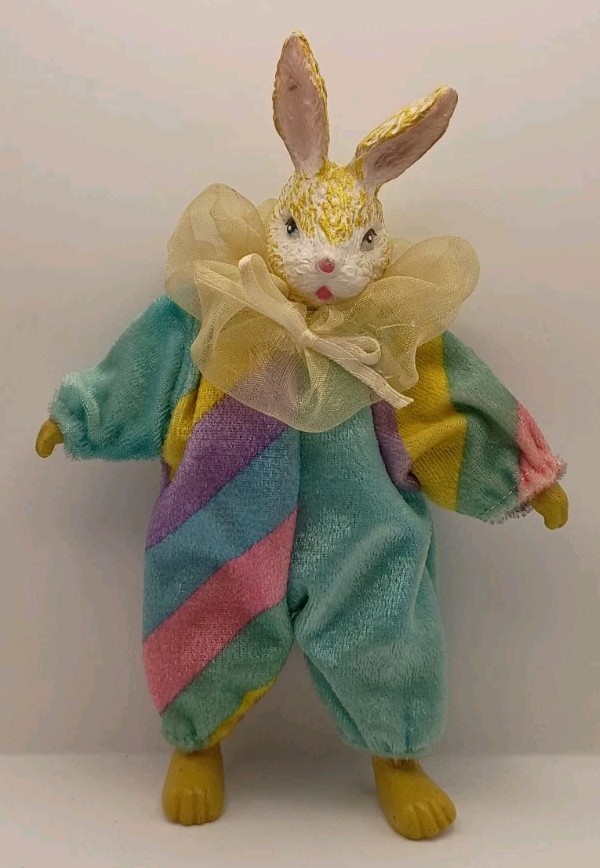 Vtg. Anthropomorphic Bunny Jester Bendable Figure Pastel Stripe Velour Jumpsuit