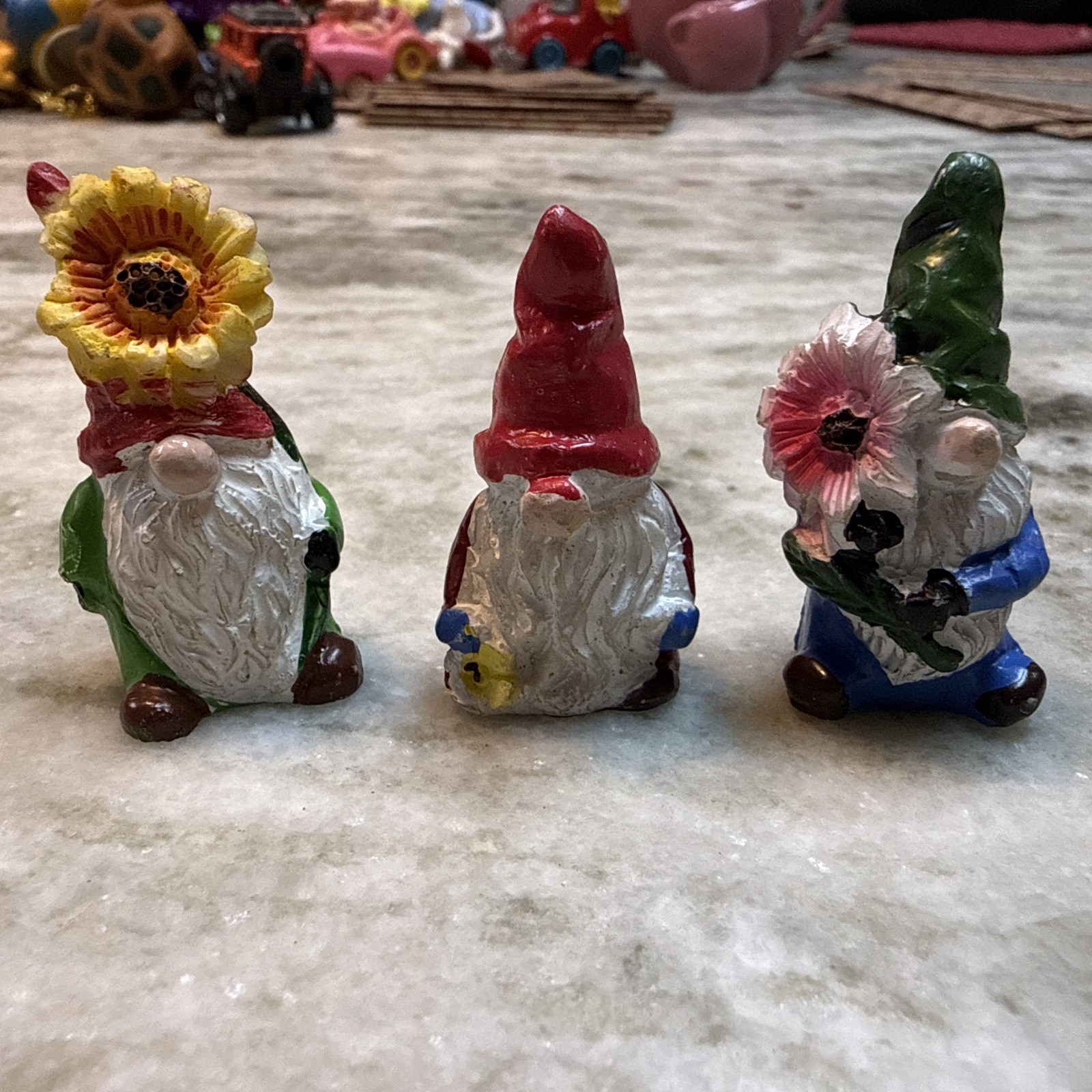 Gnome Figurines (3), Origin Unknown, Painted, Each Figurine 1 3/4 “ Tall