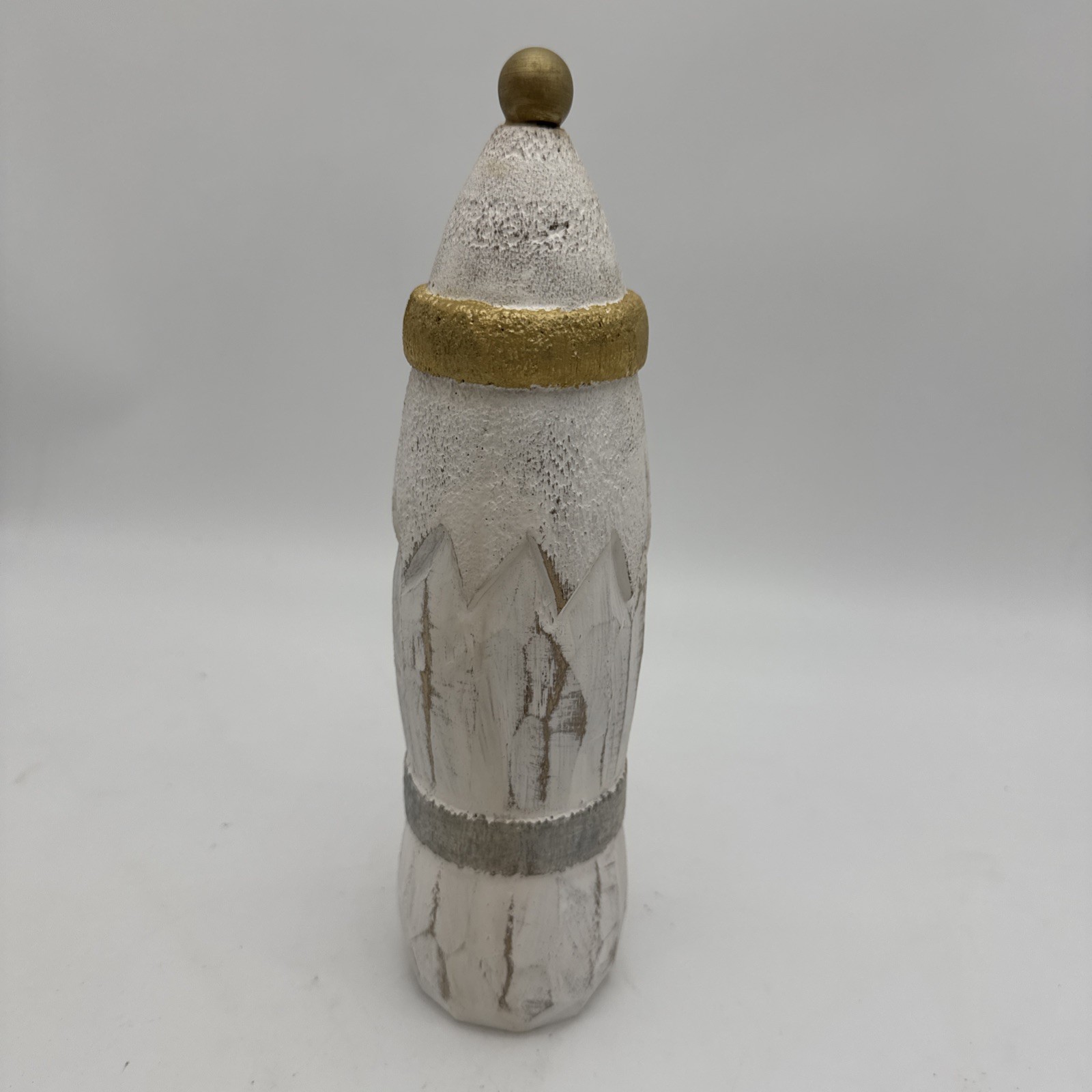 Santa Sitter Short Pine Wood Carved Gold White 12″ x 3″ Distressed