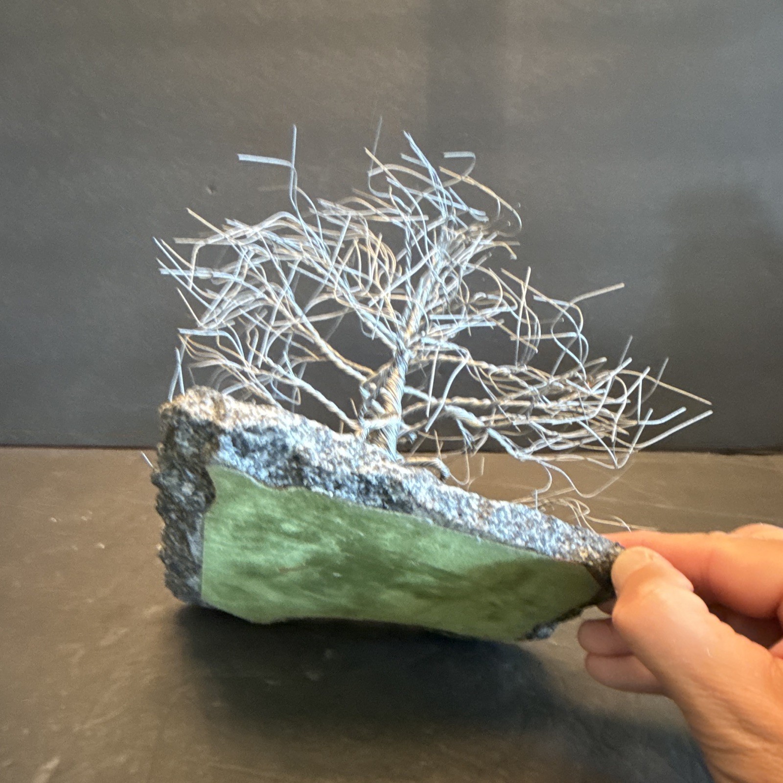 Metal Wire Tree Sculpture on Stone Base Silver/Gray 3D Effect Metallic Finish