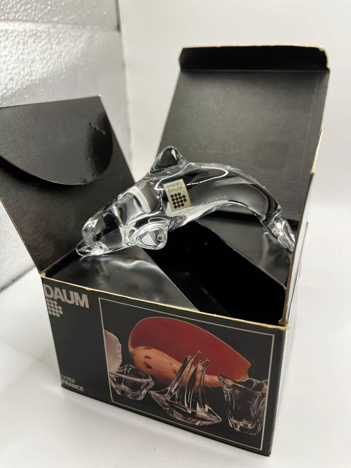 Vintage Daum France Clear Crystal Dolphin Paperweight Figurine Signed 4.7in
