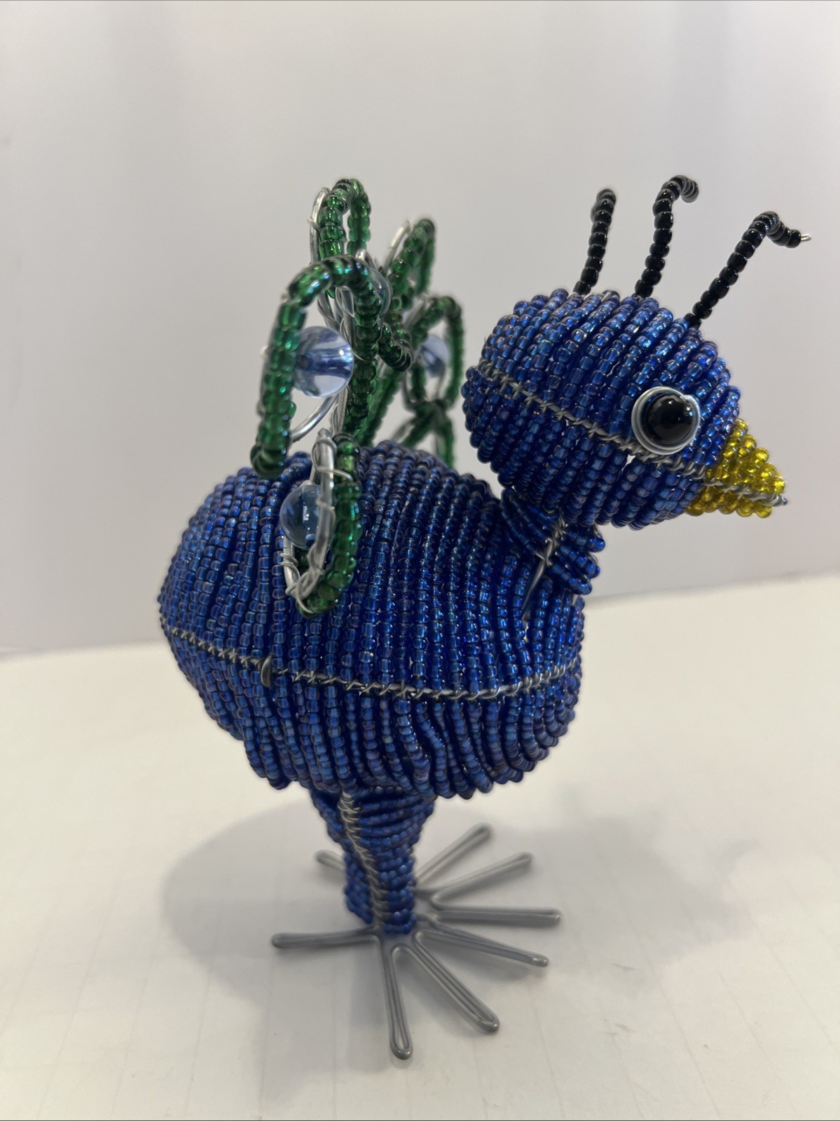 Beadworx Beaded Peacock Figurine Wire and Bead Art Freestanding Bird