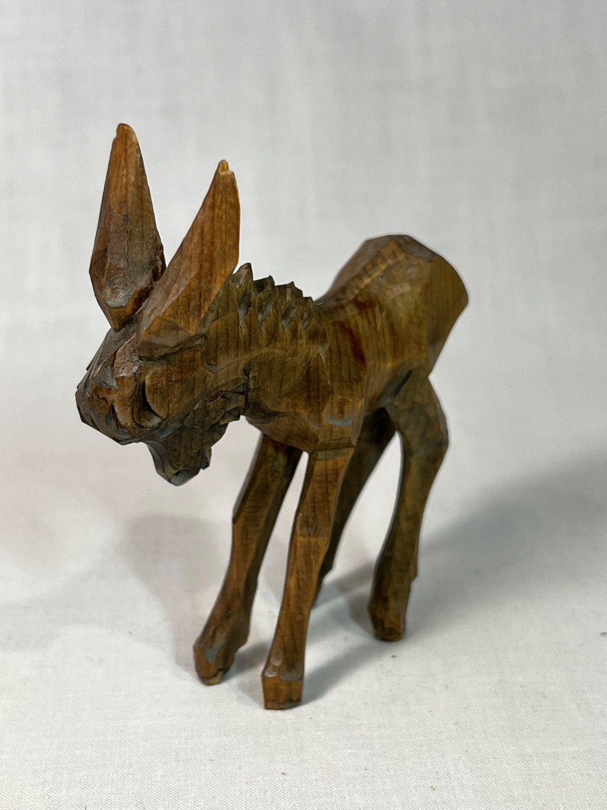 Vintage European Hand Carved Wooden Donkey Figurine Folk Art Faceted Style