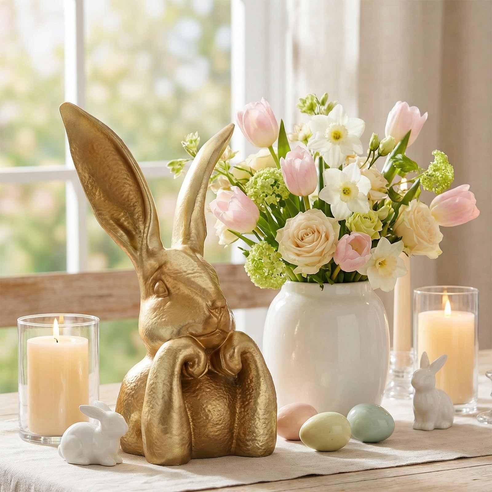 Spring Rabbits Decoration 13.5 Inch Vintage Gold Resin Bunny Statue Large Rab…