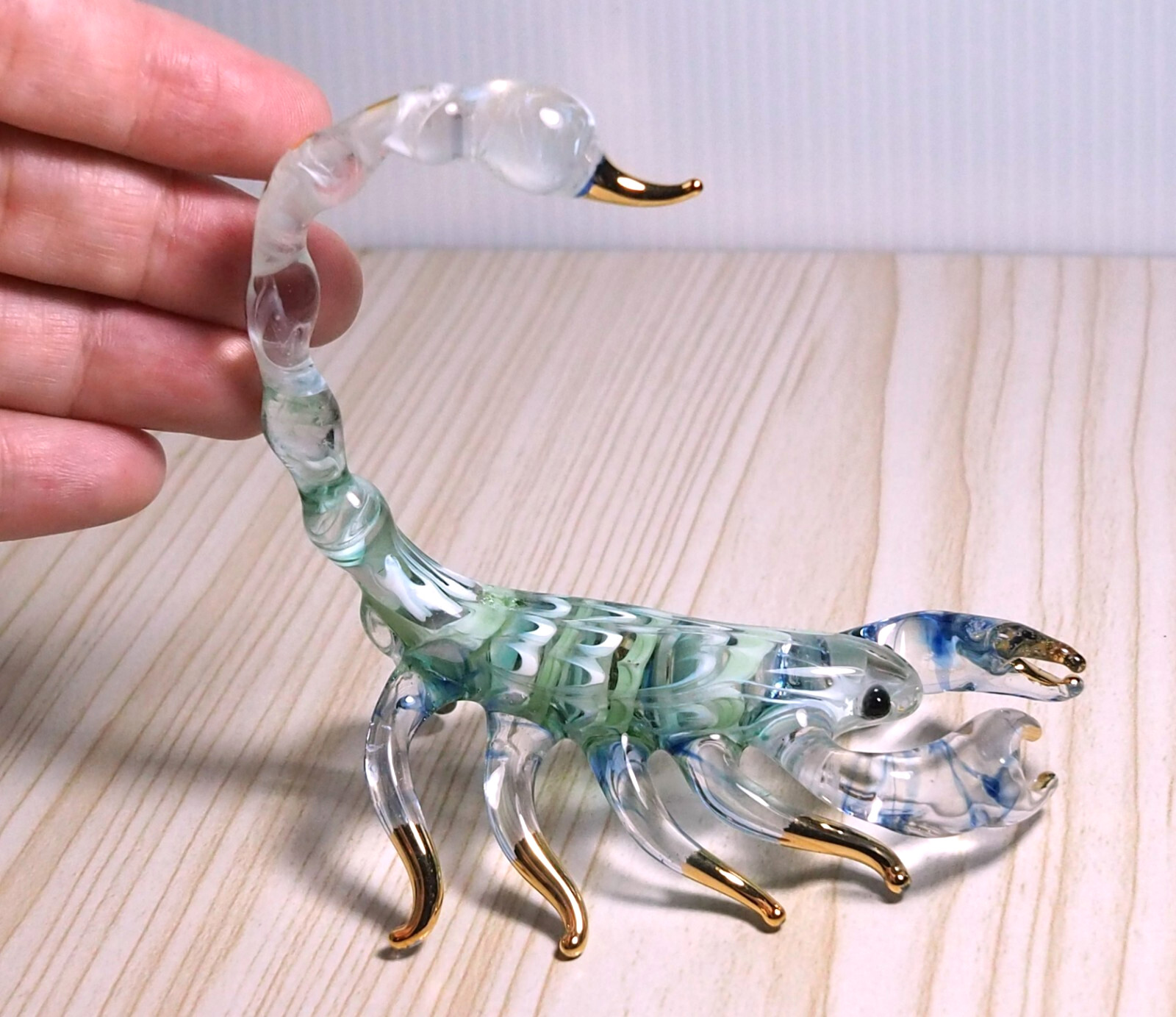Blue Green SCORPION hand blown art glass figure 3.75 in gold trim – decor Gift