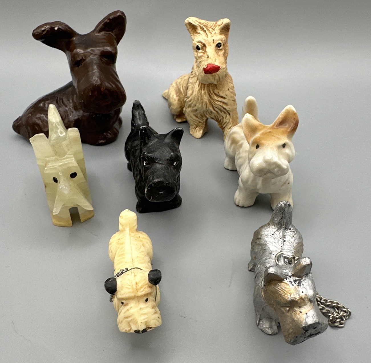 Scottish Terrier Scottie Lot of 7 Ceramic, Metal, Chalkware Mini Figures Japan