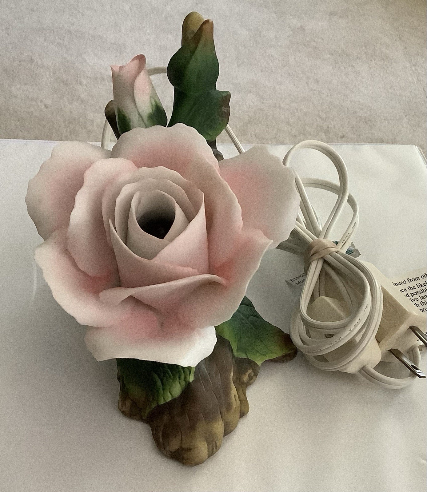 Vintage Pink Rose Flower Corded Night Light Porcelain Decorative Lovely
