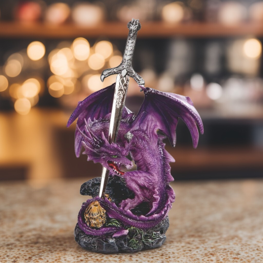 5.5″H Purple Dragon with Sword Figurine Ornament Home Decor Unique Gift