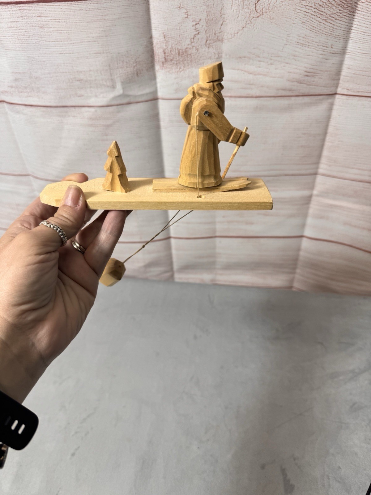 Russian Hand Carved Wood Moveable Skier Folk Art Wood Toy Primitive/Rustic