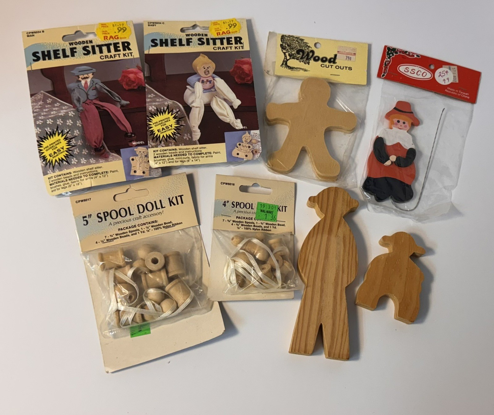 Vintage Wood Craft Kit Lot Shelf Sitters Spool Dolls Cutouts Folk Art NOS