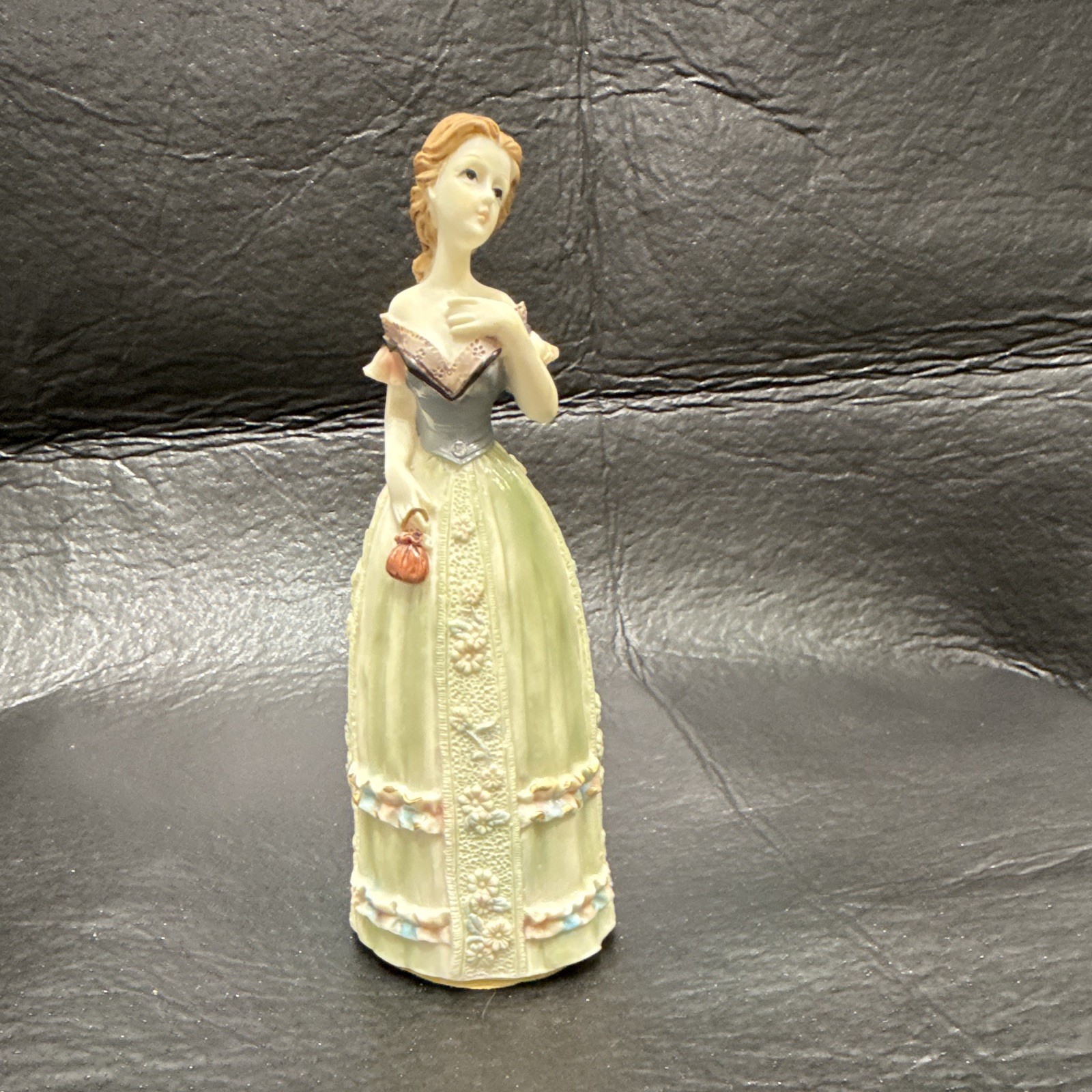 Resin Woman Lady Figurine in Dress, Painted Beige Green Brown Gray Pink