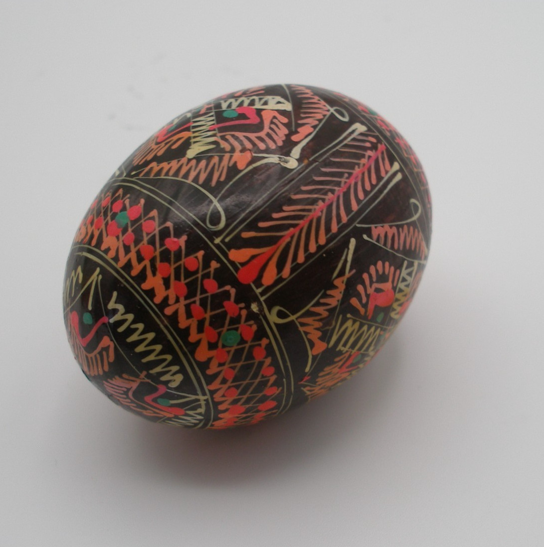 Hand-Painted Ukrainian? wood Easter Egg; brown, pink, orange