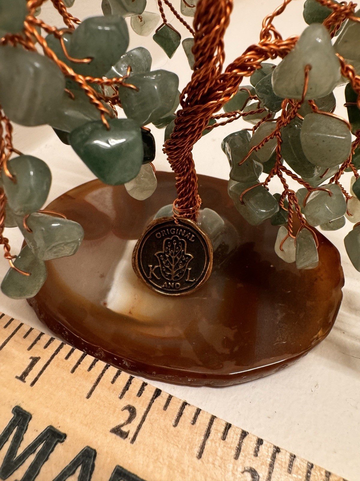 KDI Copper Wire Green Gemstone Tree Sculpture, Polished Stone Base