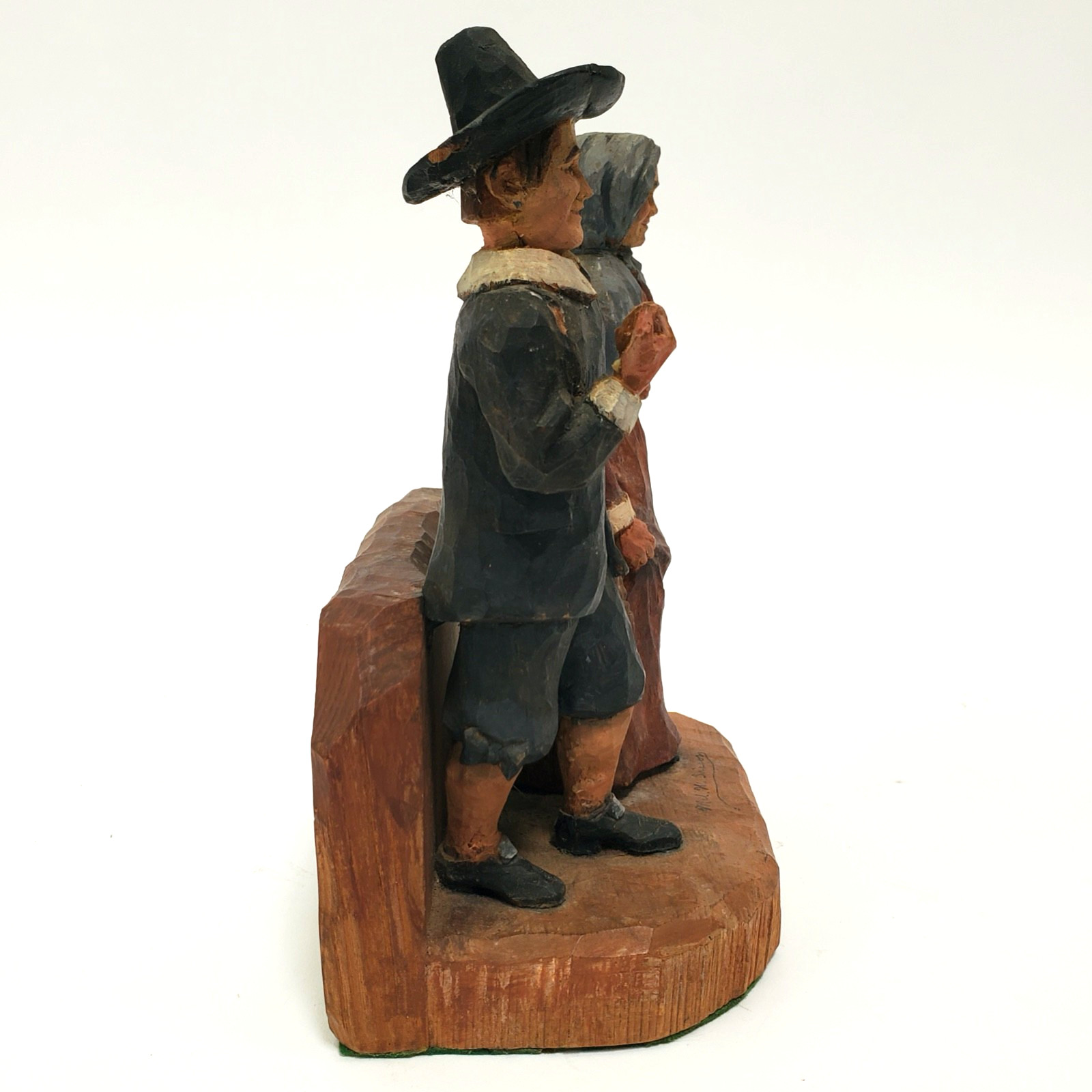 Vintage Hand Carved Pilgrim Couple Folk Art Figures Signed Mel W. Sisson 8″ x 5″