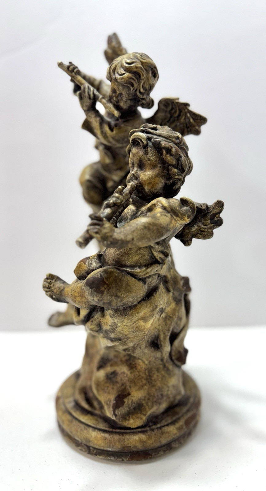Antique Gold Cherub Statue Baroque-Style Angel Figurine with Musical Instruments