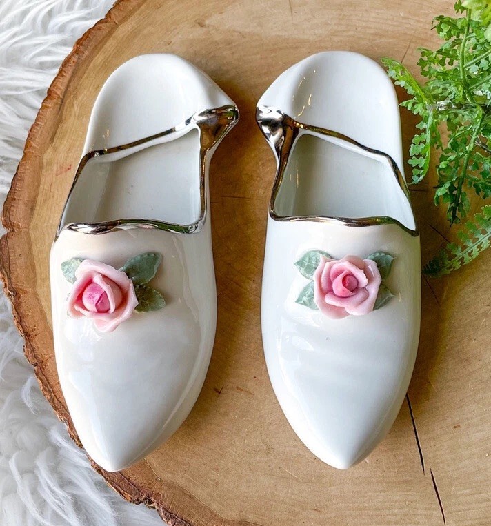 VTG Pair of Dresden Porcelain White Shoes/Slippers Germany Roses Silver Rim 6″
