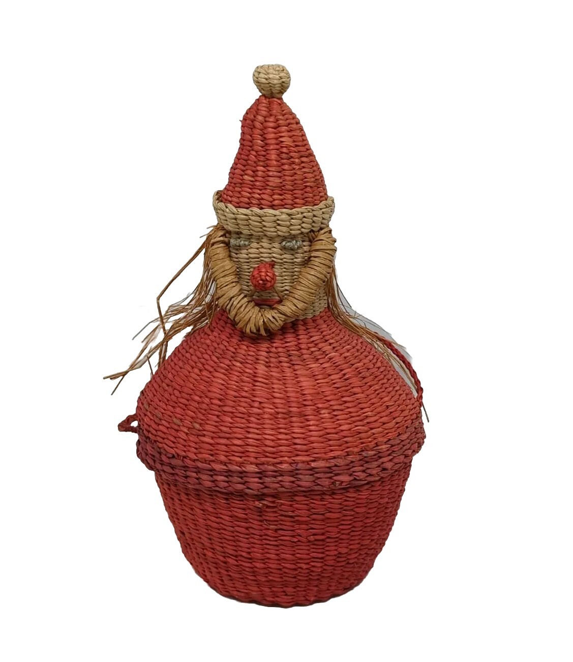 Folk Art Woven Santa Basket with Handle & Woven Trinkets Inside Vintage 7″ Tall