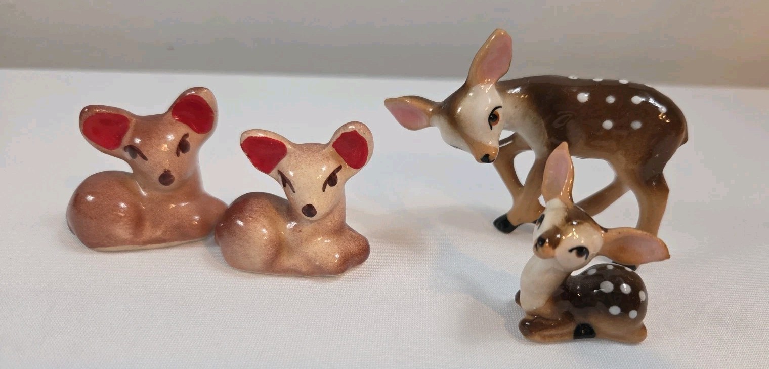 Lot of 4 Vintage Ceramic Miniature Deer Mother & Fawn Baby Figurines Japan